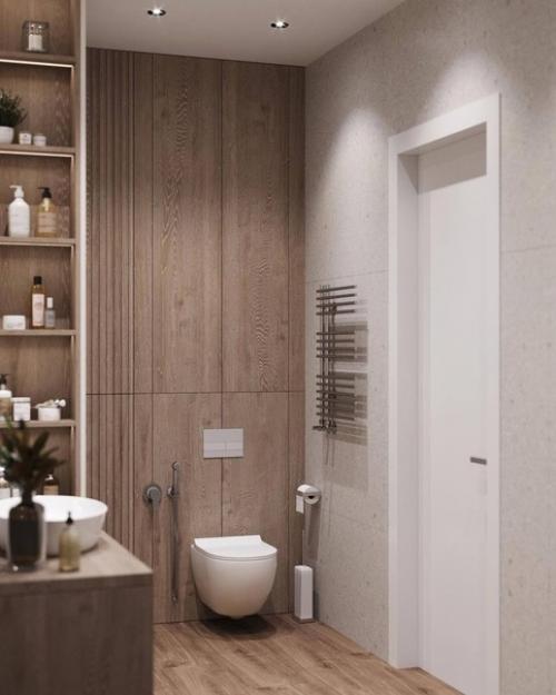 Стильный интерьер просторного санузла с приятным сочетанием фактур и цветов. 02