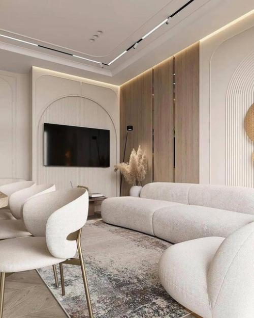 Планировку специально сделали так, развернув диван в центр комнаты. 01