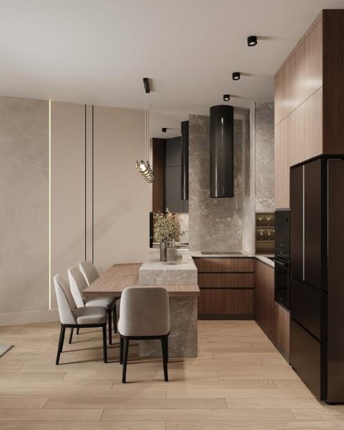 Светлый и стильный интерьер кухни - гостиной. 02