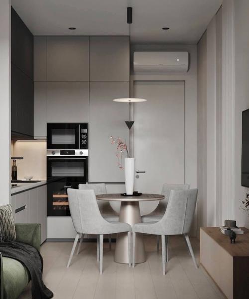 Интерьер кухни - гостиной, сочетающий современный и скандинавский стили. 01