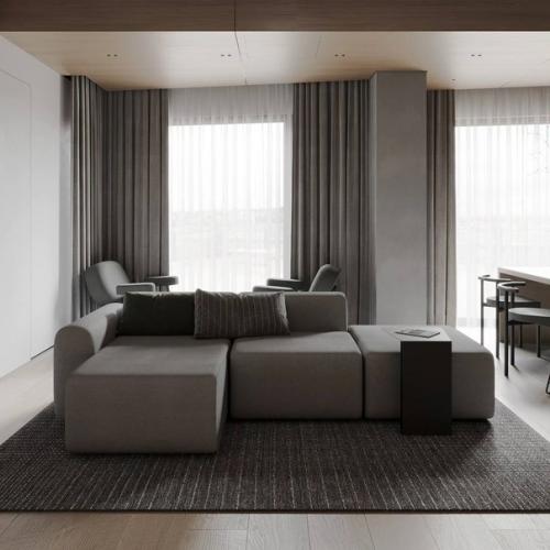 Серый минимализм в сочетании с тёплым деревом создает уютную современную обстановку в квартире. 04