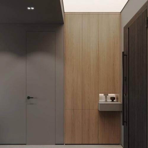 Серый минимализм в сочетании с тёплым деревом создает уютную современную обстановку в квартире. 08