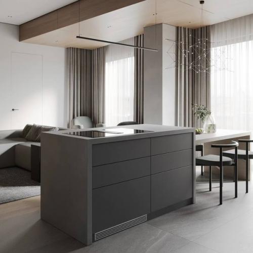 Серый минимализм в сочетании с тёплым деревом создает уютную современную обстановку в квартире. 02