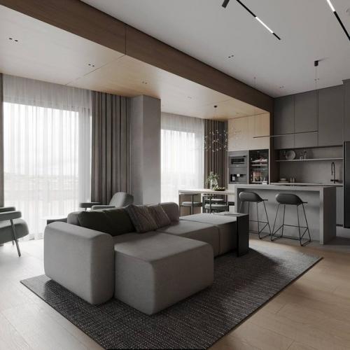 Серый минимализм в сочетании с тёплым деревом создает уютную современную обстановку в квартире. 01