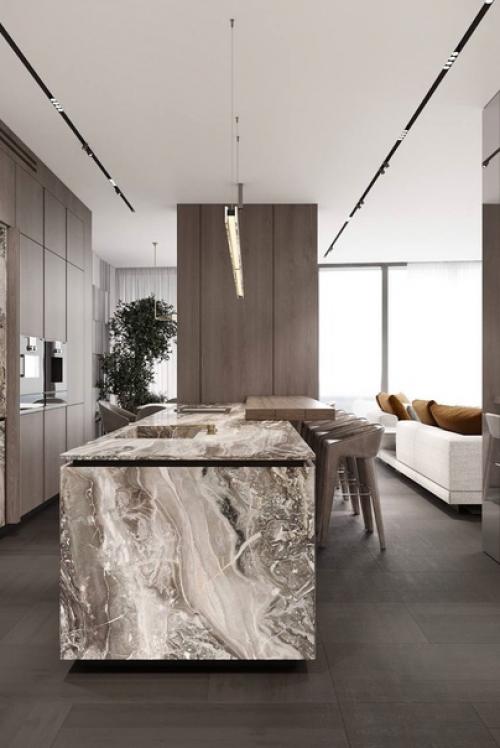 Необычная архитектура квартиры с декоративными колоннами и цельно - панорамными окнами продиктовала многие дизайнерские решения. 01