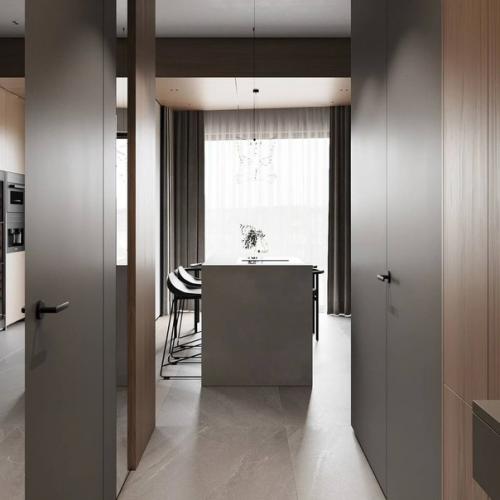 Серый минимализм в сочетании с тёплым деревом создает уютную современную обстановку в квартире. 06