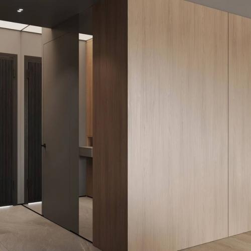 Серый минимализм в сочетании с тёплым деревом создает уютную современную обстановку в квартире. 09