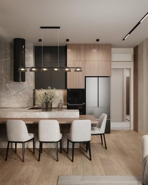 Светлый и стильный интерьер кухни - гостиной. 01