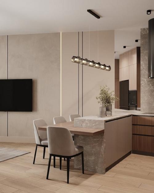 Светлый и стильный интерьер кухни - гостиной. 03