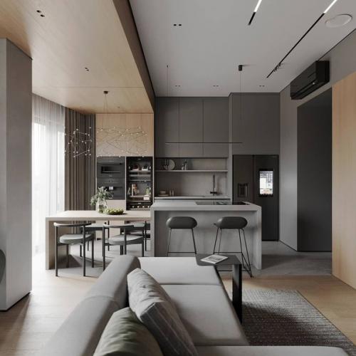 Серый минимализм в сочетании с тёплым деревом создает уютную современную обстановку в квартире. 07