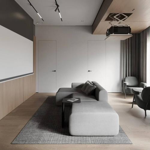 Серый минимализм в сочетании с тёплым деревом создает уютную современную обстановку в квартире. 03