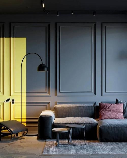 Строгий интерьер просторной кухни - гостиной в монохромных тонах. 03