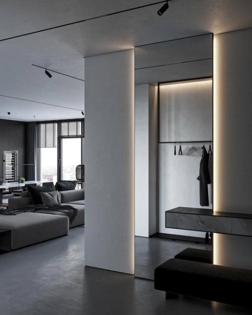 Интерьер лаконичной просторной квартиры в серых тонах для любителей монохромных интерьеров. 05