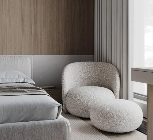 Интерьер стильной просторной спальни в светлых тонах. 04