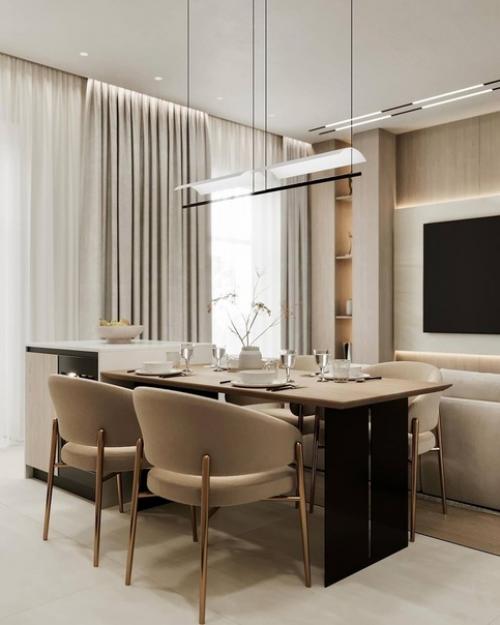 Светлый интерьер просторной кухни - гостиной в спокойных монохромных тонах. 09