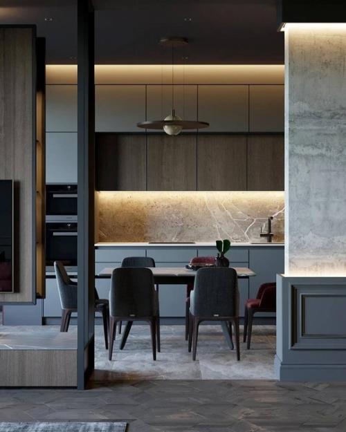 Строгий интерьер просторной кухни - гостиной в монохромных тонах. 06