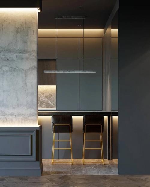 Строгий интерьер просторной кухни - гостиной в монохромных тонах. 07