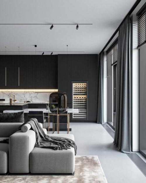 Интерьер лаконичной просторной квартиры в серых тонах для любителей монохромных интерьеров. 07