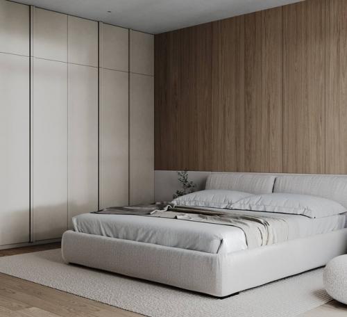 Интерьер стильной просторной спальни в светлых тонах. 02