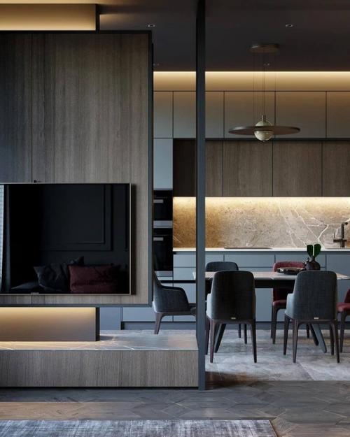 Строгий интерьер просторной кухни - гостиной в монохромных тонах. 08