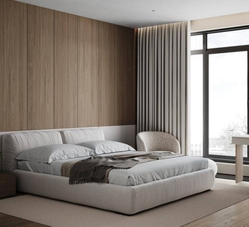 Интерьер стильной просторной спальни в светлых тонах. 01