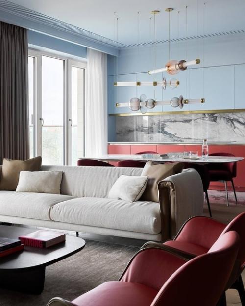 Реализованный интерьер кухни - гостиной для тех кому нравится дизайн поярче и насыщеннее. 01