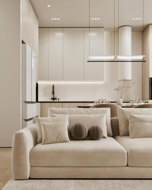 Светлый интерьер просторной кухни - гостиной в спокойных монохромных тонах. 05