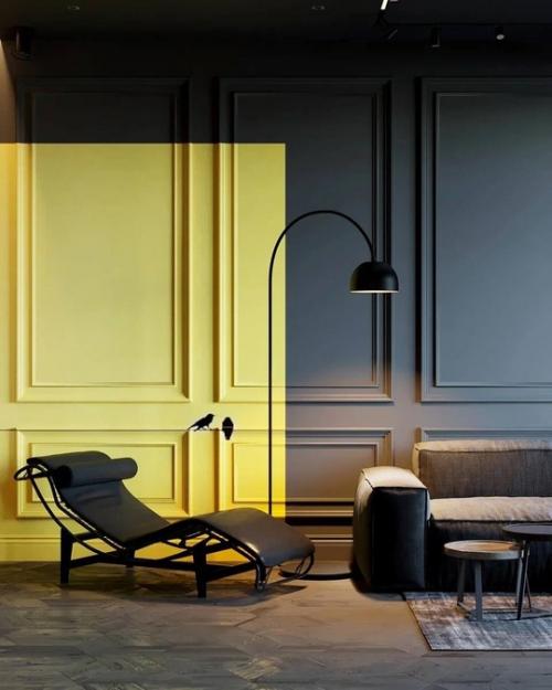 Строгий интерьер просторной кухни - гостиной в монохромных тонах. 04