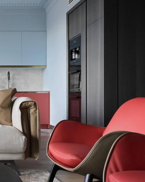 Реализованный интерьер кухни - гостиной для тех кому нравится дизайн поярче и насыщеннее. 02