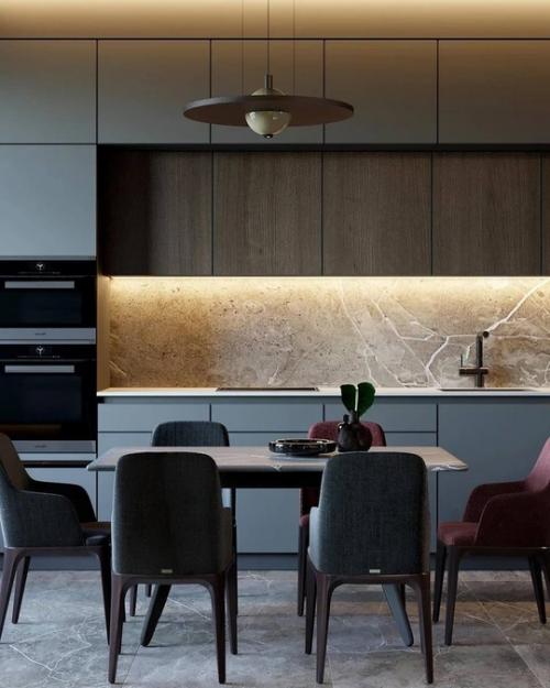 Строгий интерьер просторной кухни - гостиной в монохромных тонах. 02