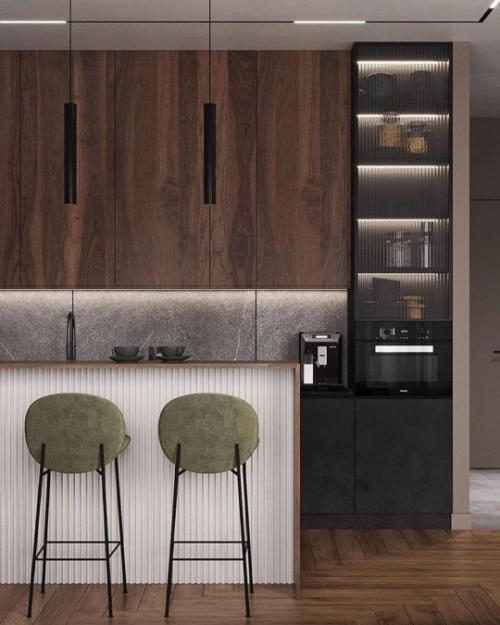 Брутальный, но при этом очень утончённый интерьер кухни - гостиной площадью 38 кв. 02