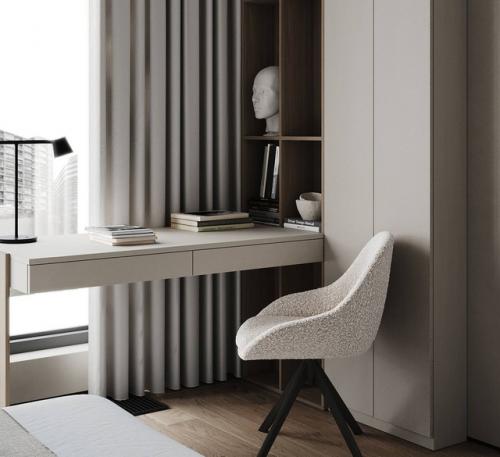 Интерьер стильной просторной спальни в светлых тонах. 05