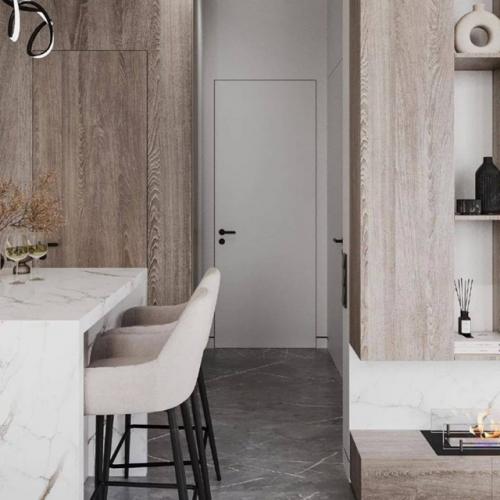 В интерьере этой кухни - гостиной, площадью 24 квадратных метров, отделка в светлых оттенках бежевого, серого и белого цвета. 08