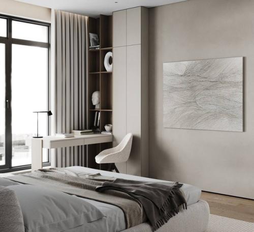 Интерьер стильной просторной спальни в светлых тонах. 03