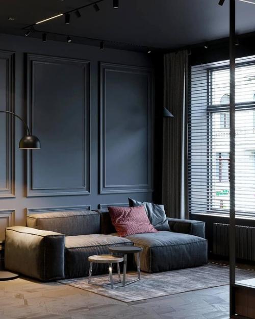 Строгий интерьер просторной кухни - гостиной в монохромных тонах. 01