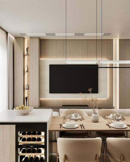 Светлый интерьер просторной кухни - гостиной в спокойных монохромных тонах. 06