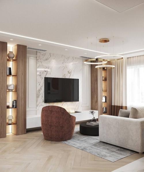 Акцентный, яркий интерьер кухни - гостиной и прихожей. 05