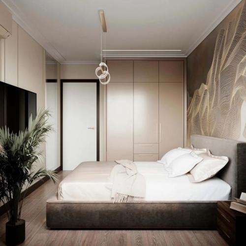 Очень уютный и стильный, на наш взгляд дизайн спальни в кофейных тонах. 01