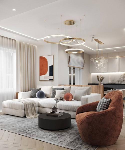 Акцентный, яркий интерьер кухни - гостиной и прихожей. 02