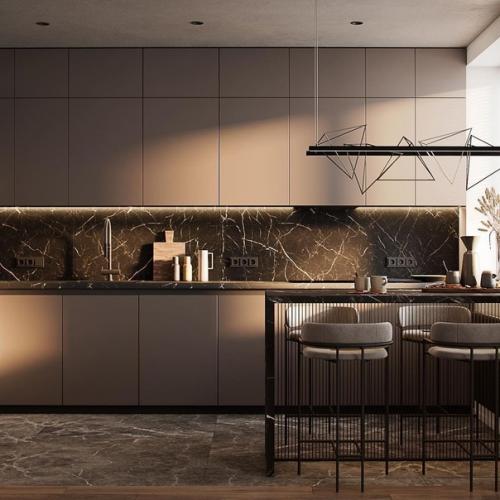 Стильный и строгий интерьер кухни - гостиной. 05