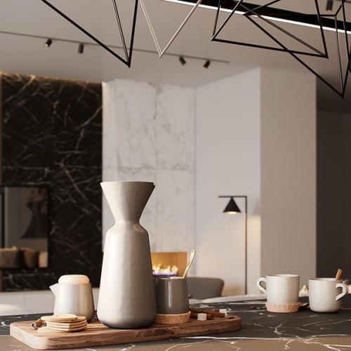 Стильный и строгий интерьер кухни - гостиной. 03