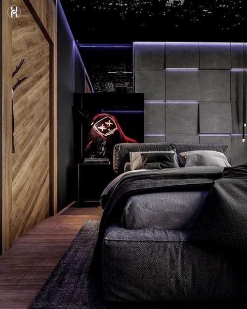 Очень тёмный и спорный интерьер комнаты для подростка. 04
