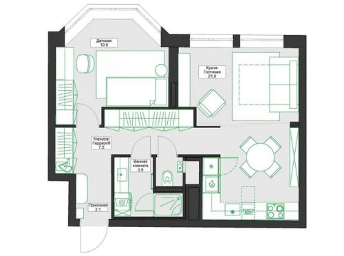 Улучшили планировку стандартной двухкомнатной квартиры площадью 45 м 2 и создали комфортное пространство для семьи из трех человек. 08
