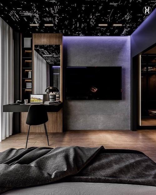 Очень тёмный и спорный интерьер комнаты для подростка. 01