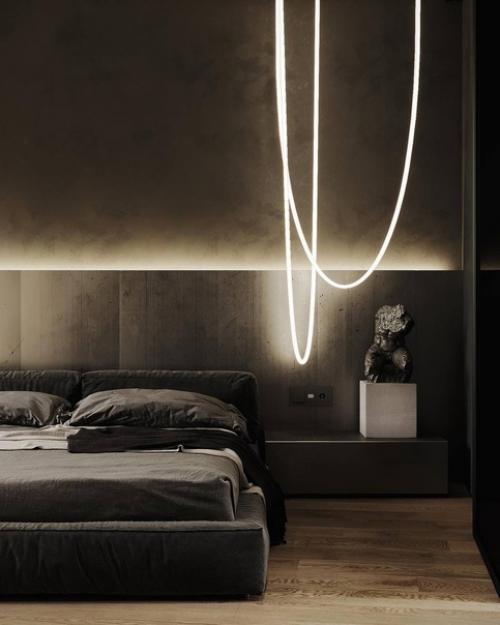 Интерьер спальни в загородном доме в тёмных тонах. 01