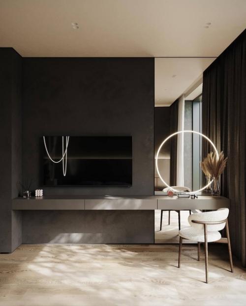 Интерьер спальни в загородном доме в тёмных тонах. 05