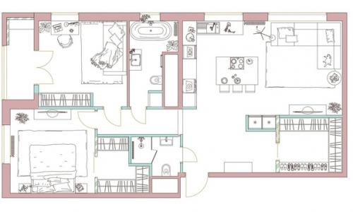 Трехкомнатная квартира с окном в ванной и кухонным островом. 09