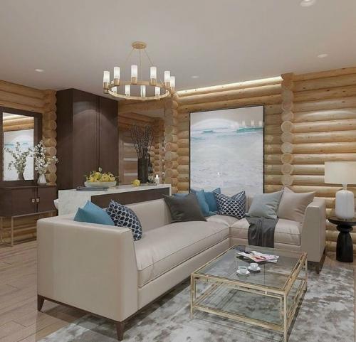 Дизайн - проект бревенчатого дома выполнен лаконично, стильно и в современном ключе.  