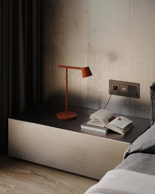 Интерьер спальни в загородном доме в тёмных тонах. 02