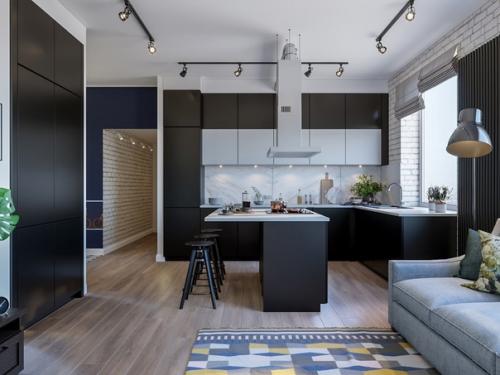 Трехкомнатная квартира с окном в ванной и кухонным островом. 01